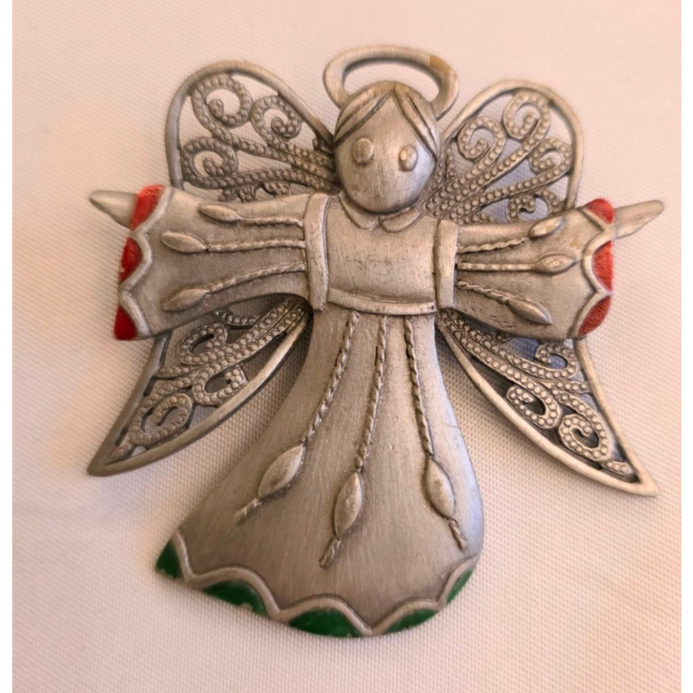 JJ‎ Jonette Silver Tone Christmas Angel Brooch Pin Red & Green Accents Signed